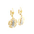The Virgin Mary Flower Dangle Earrings are crafted in 14k gold filled material accented with a silver tone, featuring intricate floral designs. Lead and nickel free, these earrings come with a hook clasp and showcase a centerpiece that resembles a standing figure.